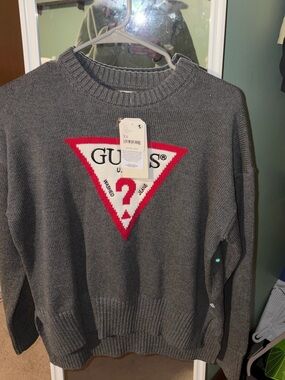 GUESS Gray Crewneck Sweater with Red-Trimmed Logo